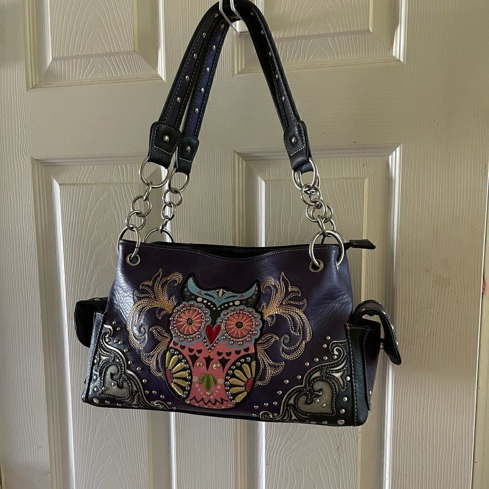 Purple and multi color Owl art and embroidery work  shoulder bag.